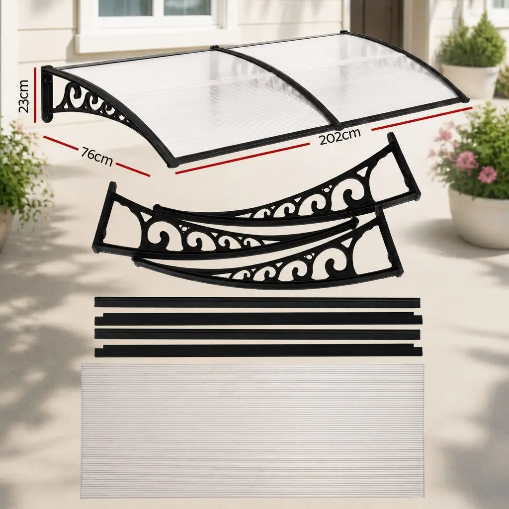 Awning Polycarbonate 0.8M x 2M Transparent Panel Black Brackets