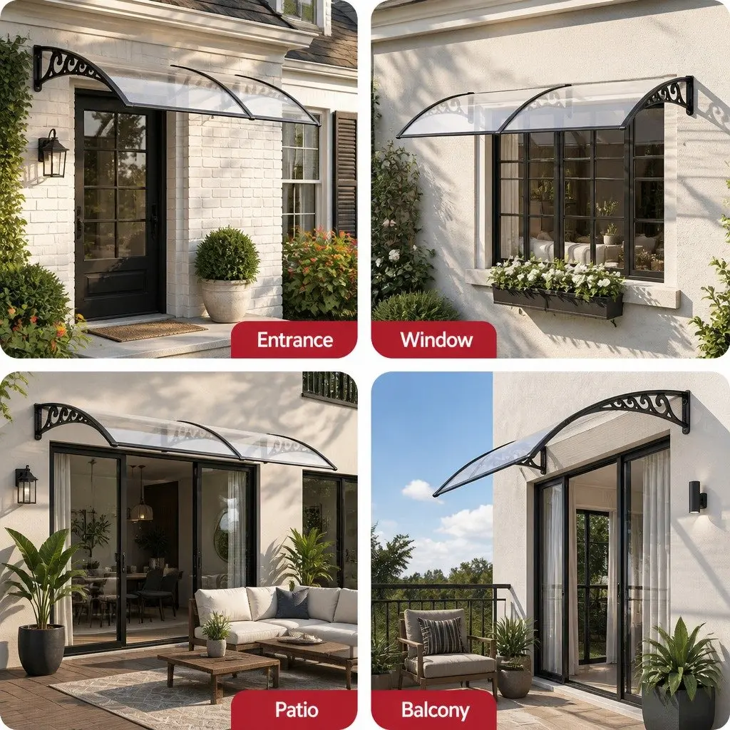 Awning Polycarbonate 0.8M x 2M Transparent Panel Black Brackets