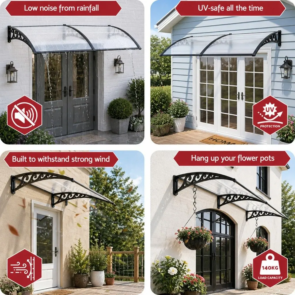 Awning Polycarbonate 0.8M x 2M Transparent Panel Black Brackets