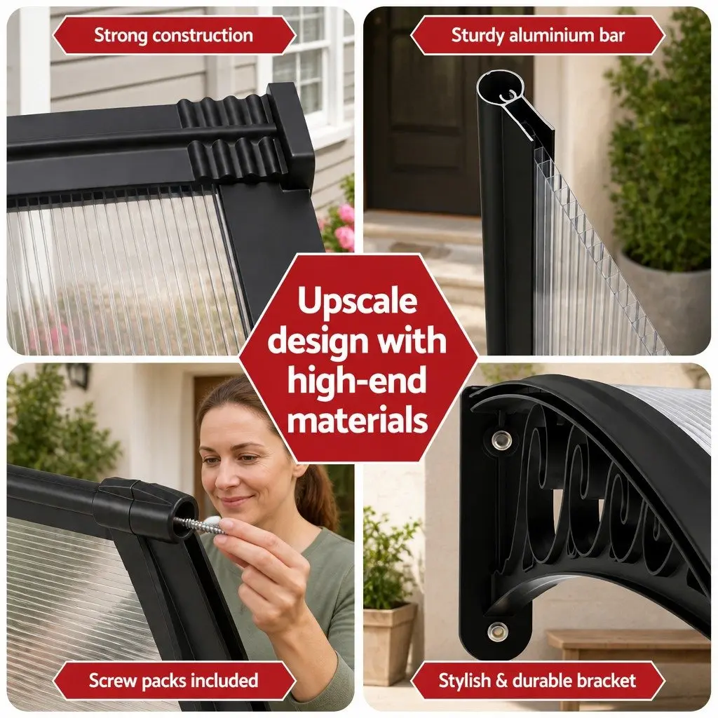 Awning Polycarbonate 0.8M x 2M Transparent Panel Black Brackets