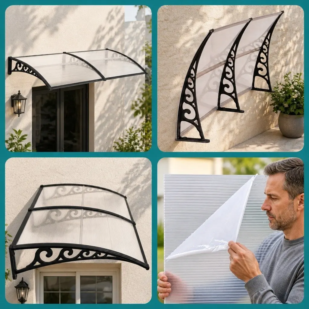Awning Polycarbonate 0.8M x 2M Transparent Panel Black Brackets