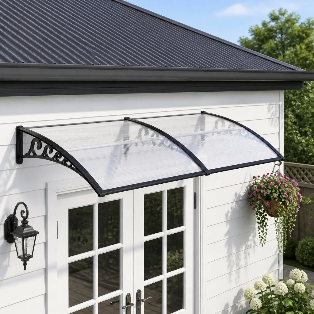 Awning Polycarbonate 0.8M x 2M Transparent Panel Black Brackets