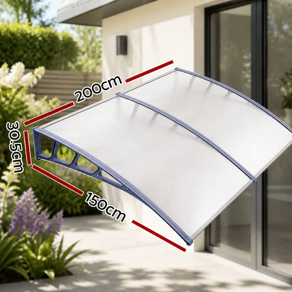 Awning Canopy Polycarbonate 1.5M x 2M Clear Grey Frame