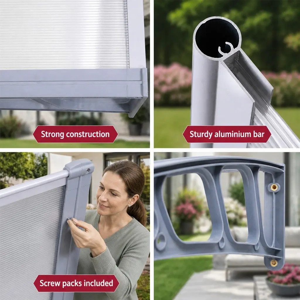 Awning Canopy Polycarbonate 1.5M x 2M Clear Grey Frame