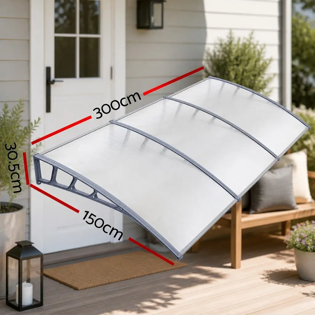 1.5m x 3m Clear Panel Window Door Awning with Grey Brackets