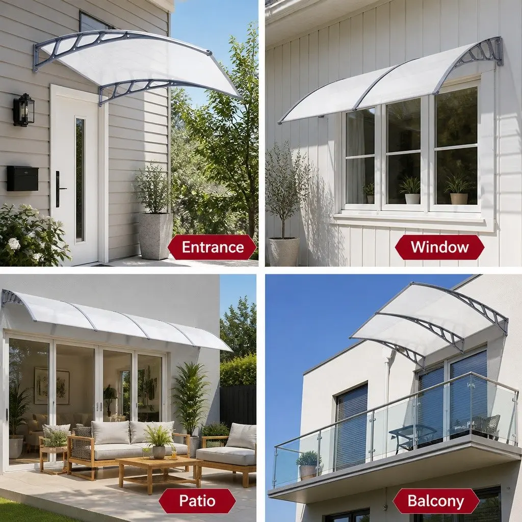 1.5m x 3m Clear Panel Window Door Awning with Grey Brackets