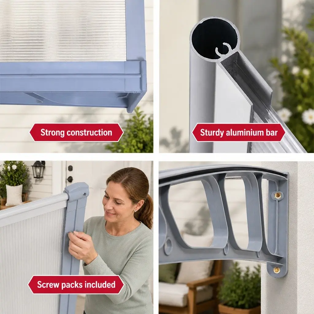 1.5m x 3m Clear Panel Window Door Awning with Grey Brackets