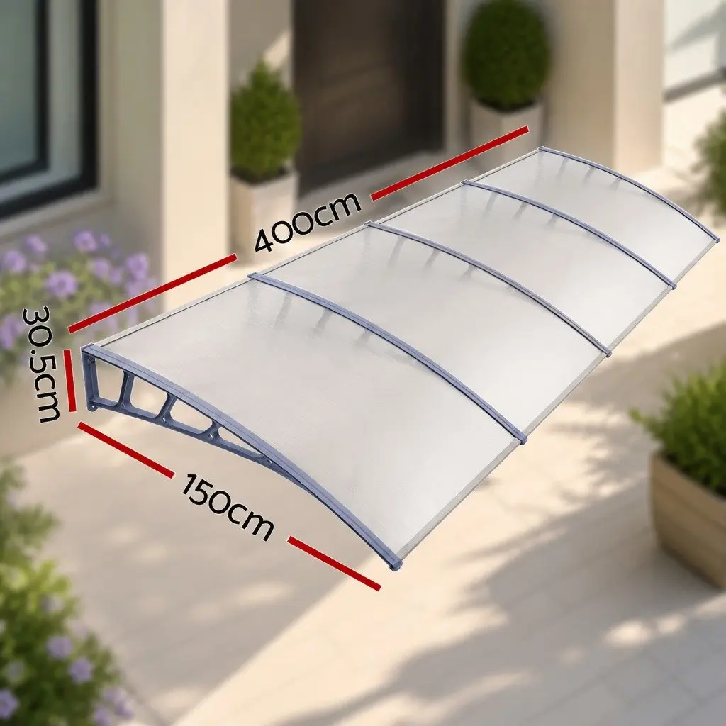 1.5m x 4m Clear Panel Awning Canopy with Grey Brackets