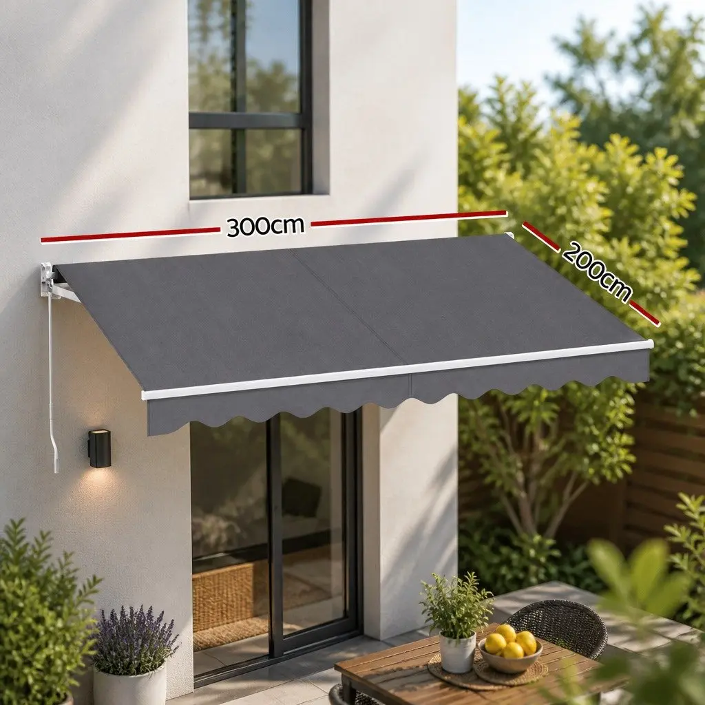 Folding Arm Awning Aluminium 3M X 2M Grey Polyester