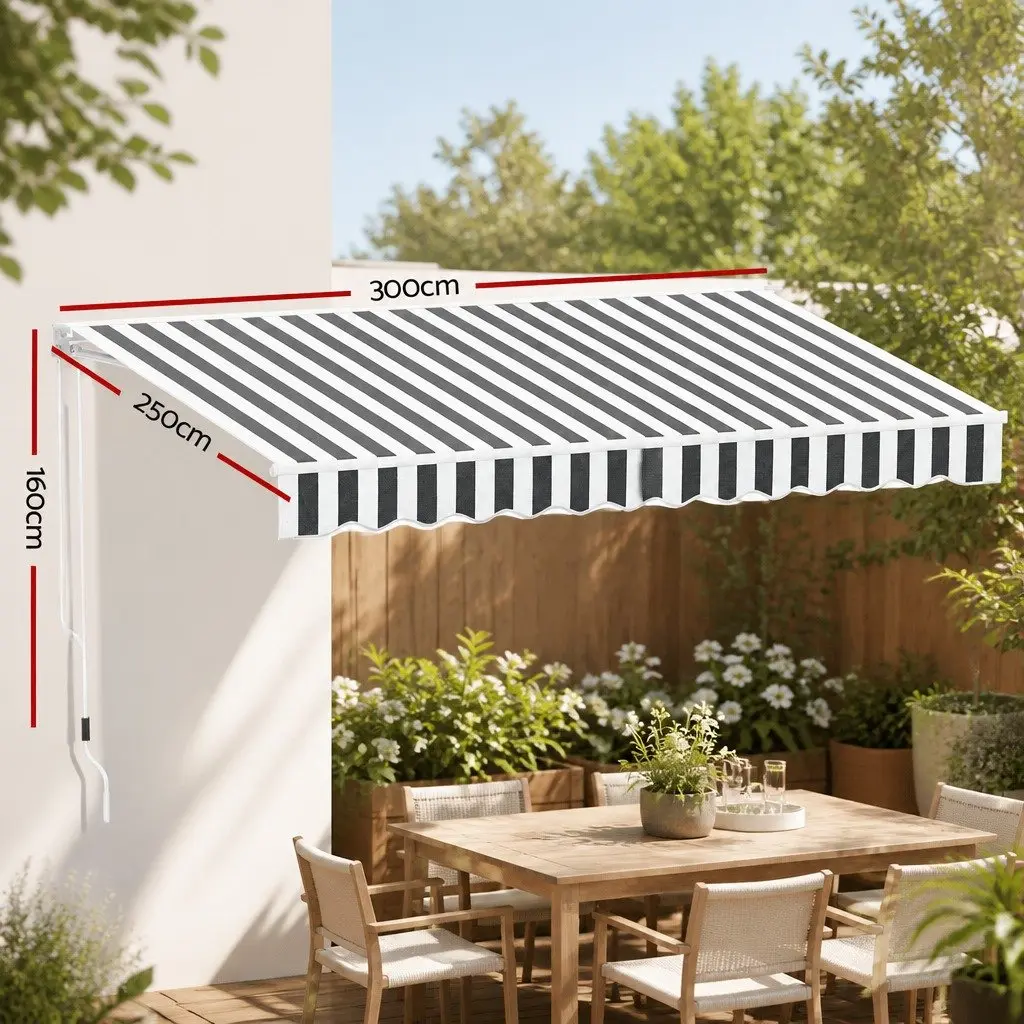 Folding Arm Awning Aluminium 3m x 2.5m Grey Polyester Manual Sunshade