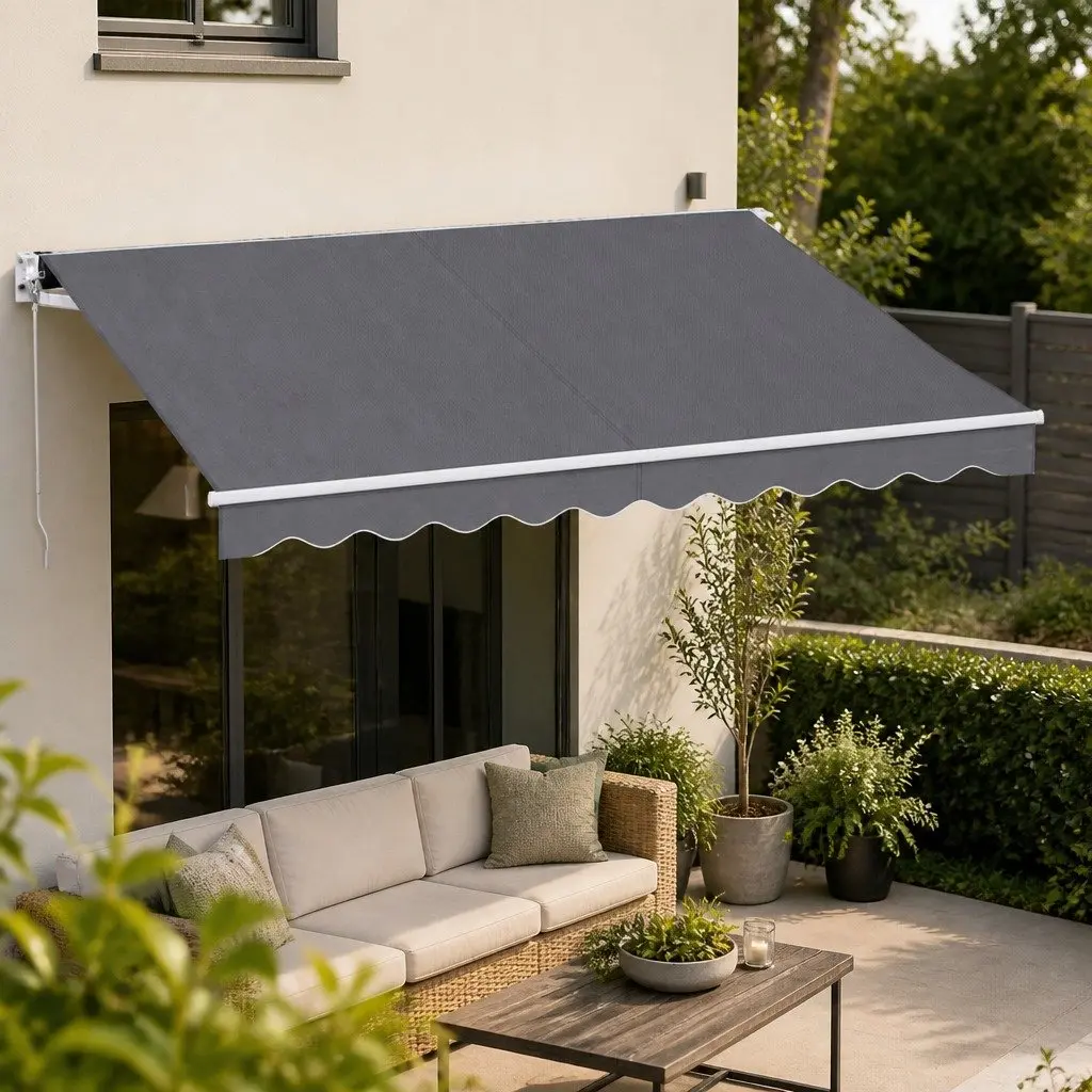 Manual Sunshade Retractable Folding Arm Awning 3.5M x 3M Grey