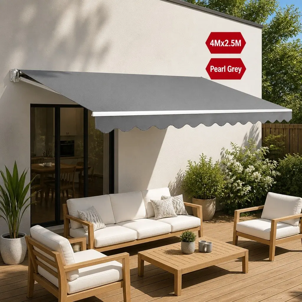 Folding Arm Awning Manual Retractable Sunshade Outdoor Patio Garden 4M x 2.5M