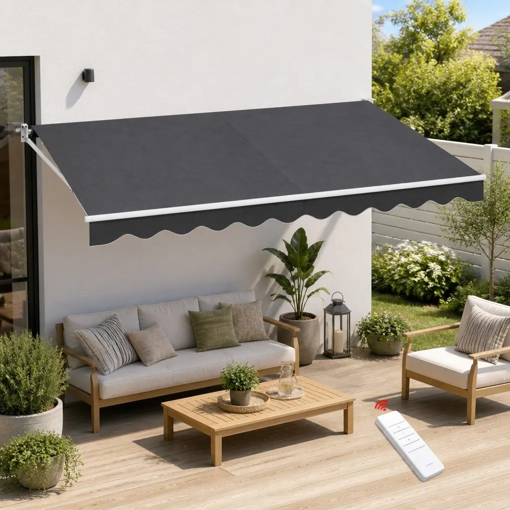 Folding Arm Awning Motorised Polyester 4.5M x 2.5M Grey or Green