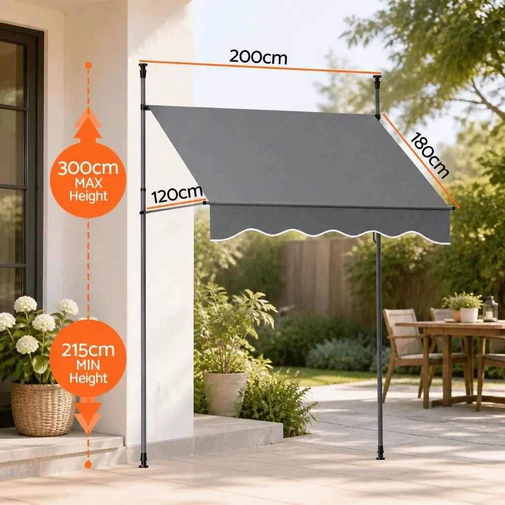 Retractable Awning Steel Frame 2X1.8M Grey Polyester Fabric