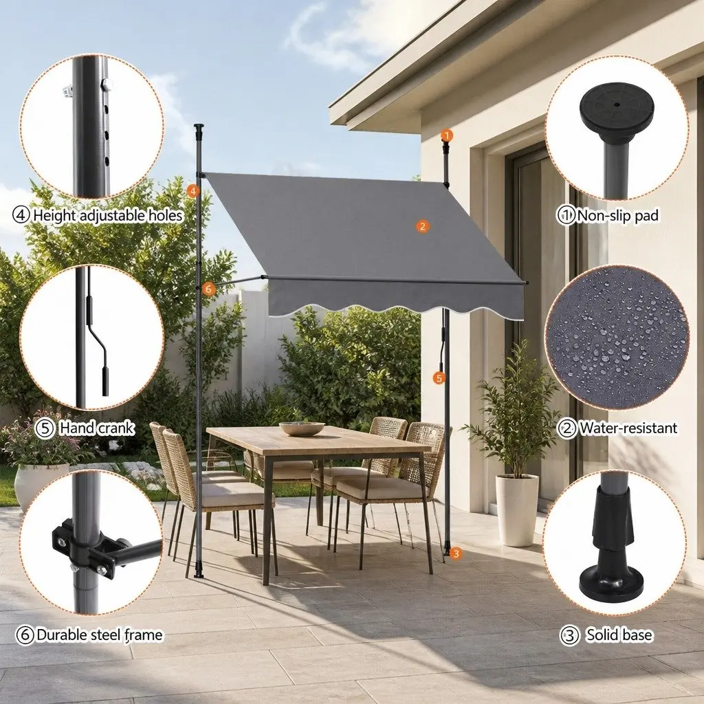 Retractable Awning Steel Frame 2X1.8M Grey Polyester Fabric