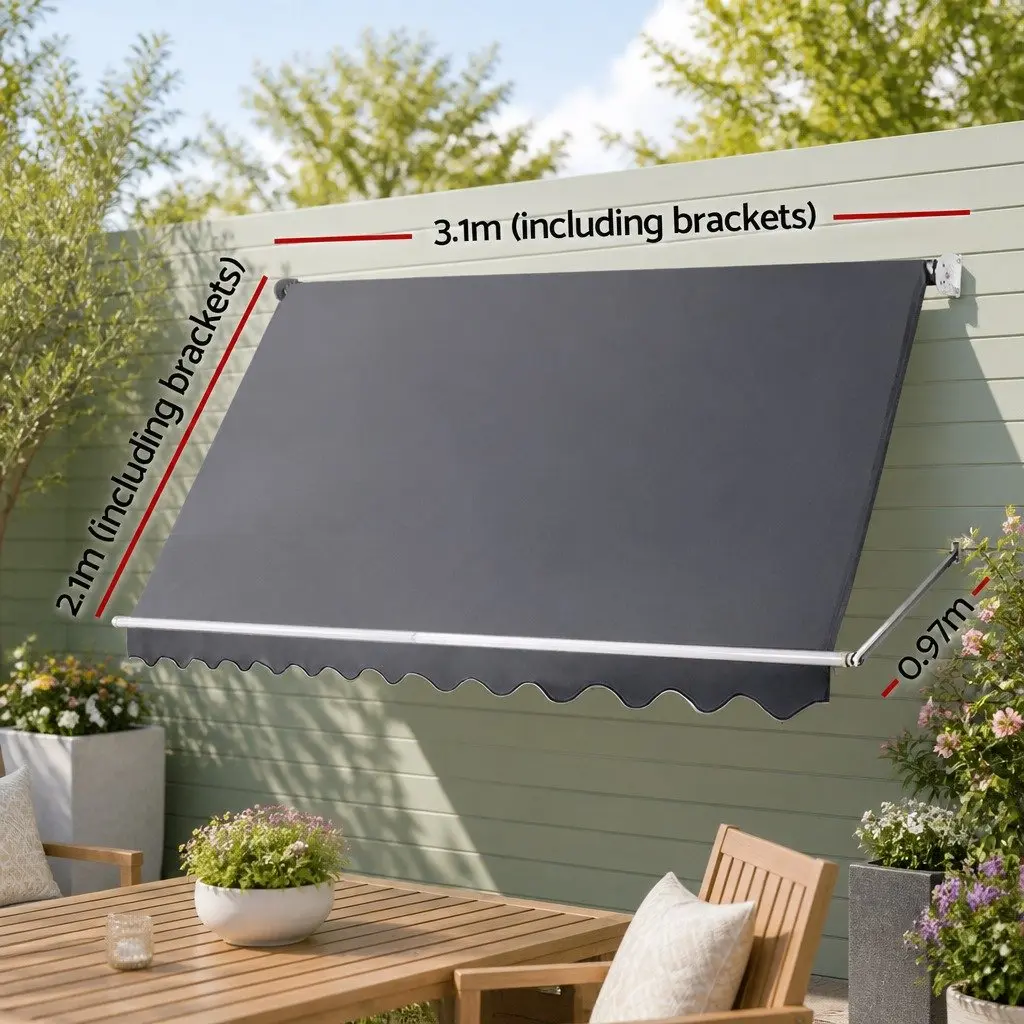 Retractable Awning Aluminum Frame 3.1m x 2.1m Grey Polyester Fabric