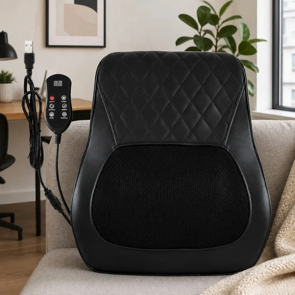 Back Massager Ergonomic Black with Heat and Traction for Neck Shoulder Lumbar Support