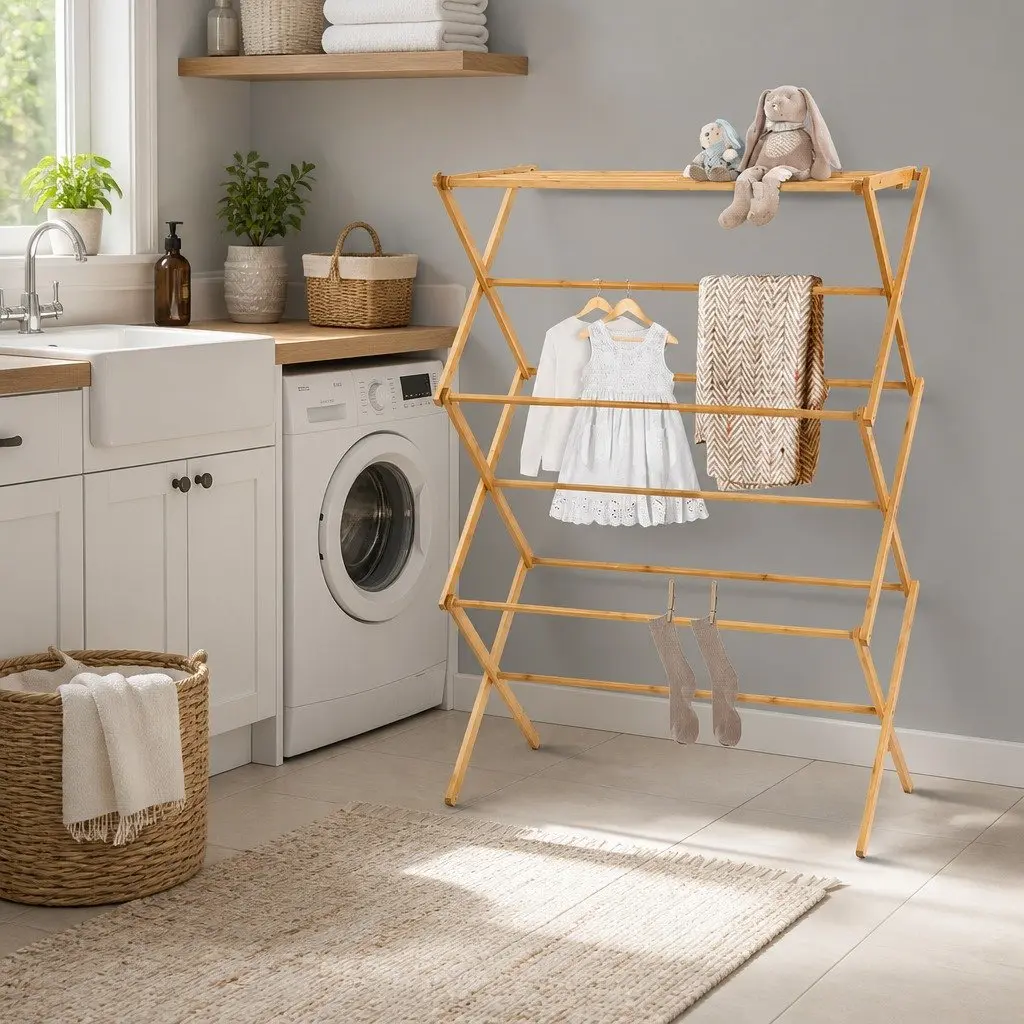 Bamboo Drying Rack Foldable 11 Bars Natural