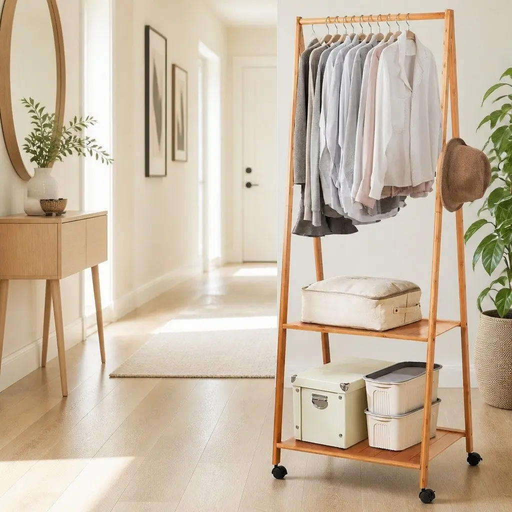 Clothes Rack Airer Bamboo 165x59cm Natural with Wheels Shelves Hooks