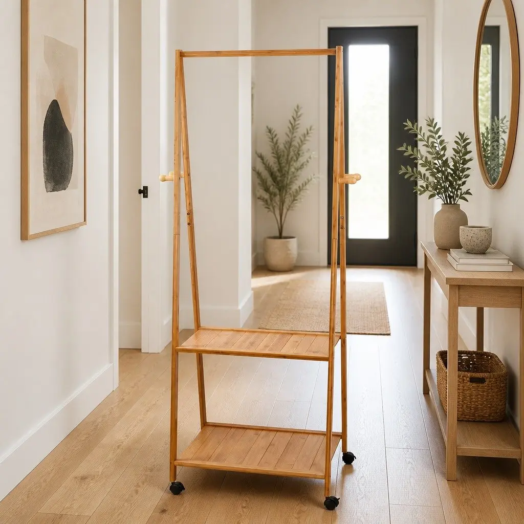 Clothes Rack Airer Bamboo 165x59cm Natural with Wheels Shelves Hooks