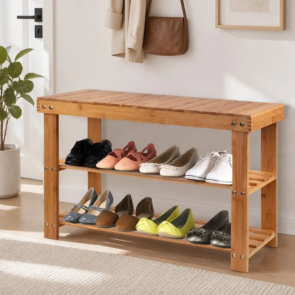 Bamboo Shoe Bench with 10-Pair Capacity
