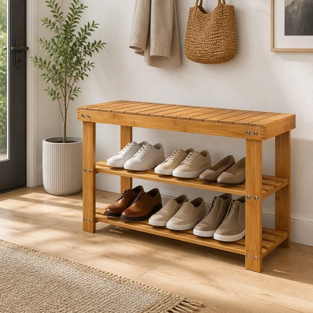 Bamboo Shoe Bench with 10-Pair Capacity