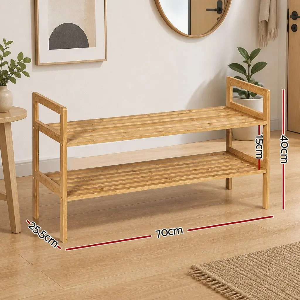 Shoe Rack Bamboo 2-Tier Storage Organiser Pine Wood Natural 70cm W x 40cm D x 25.5cm H