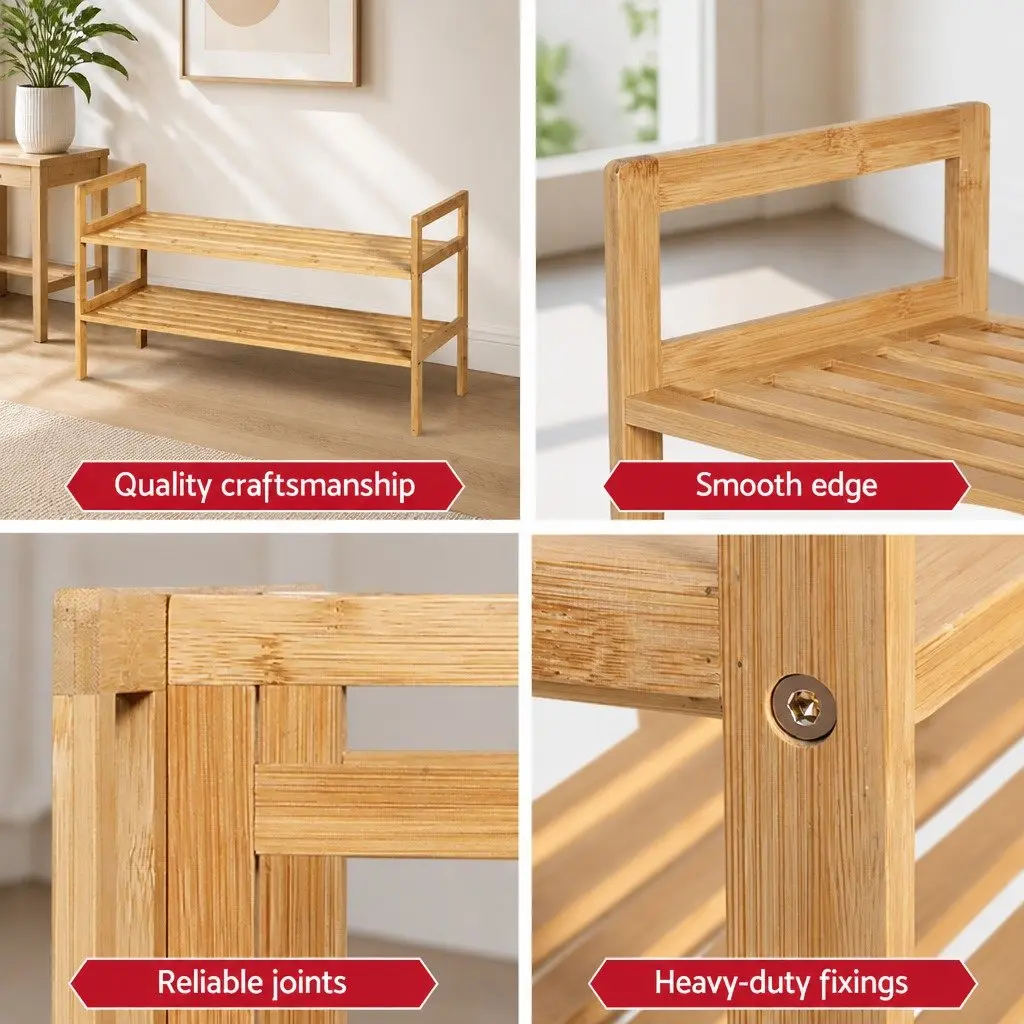Shoe Rack Bamboo 2-Tier Storage Organiser Pine Wood Natural 70cm W x 40cm D x 25.5cm H