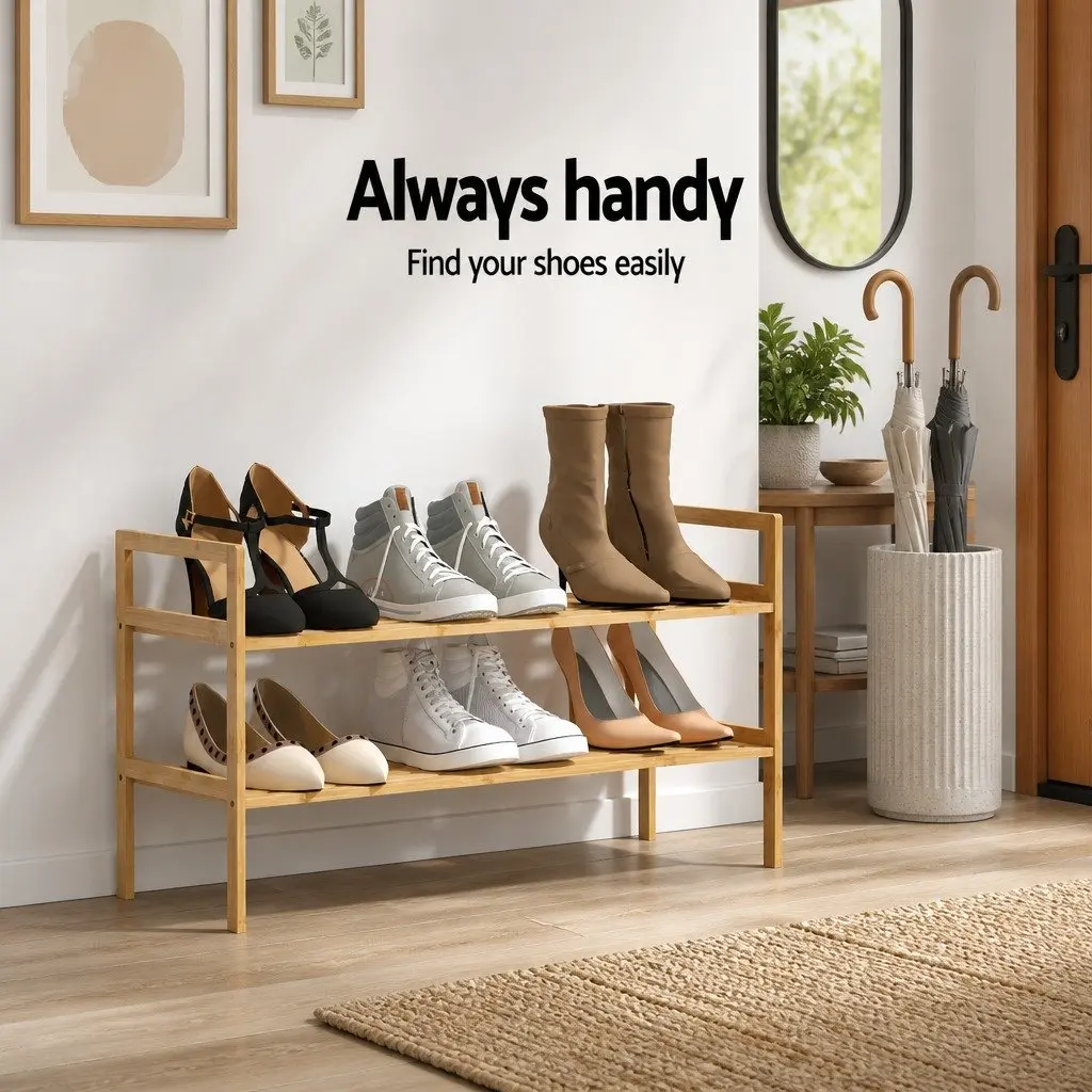 Shoe Rack Bamboo 2-Tier Storage Organiser Pine Wood Natural 70cm W x 40cm D x 25.5cm H