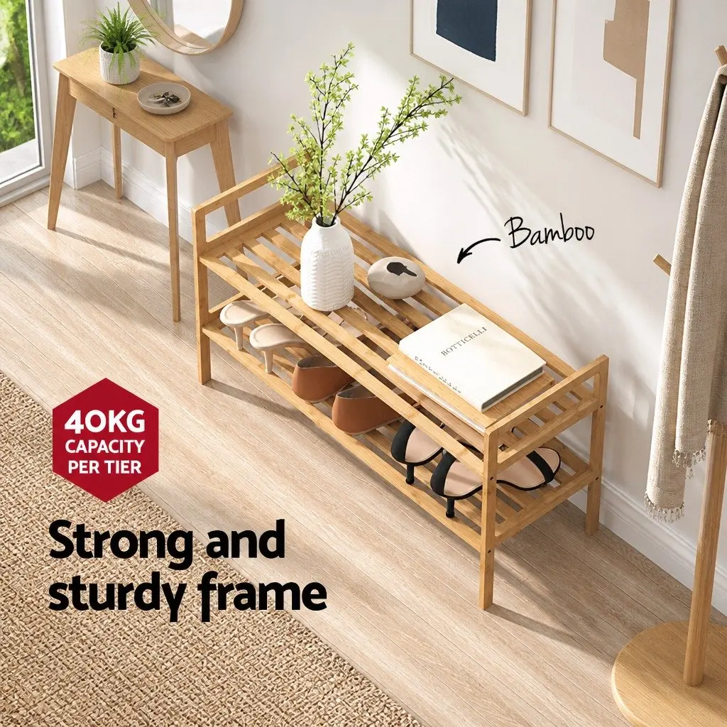 Shoe Rack Bamboo 2-Tier Storage Organiser Pine Wood Natural 70cm W x 40cm D x 25.5cm H
