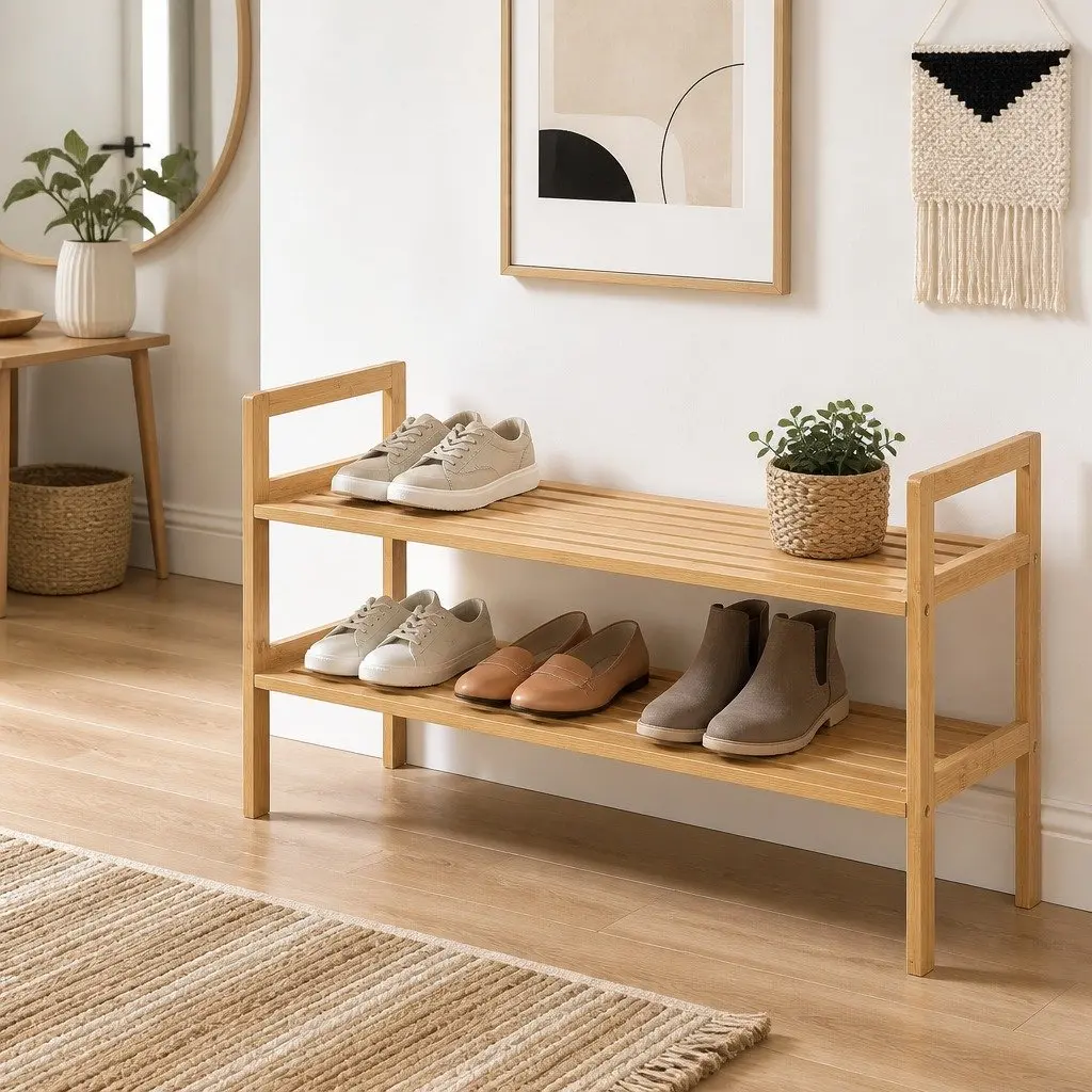 Shoe Rack Bamboo 2-Tier Storage Organiser Pine Wood Natural 70cm W x 40cm D x 25.5cm H
