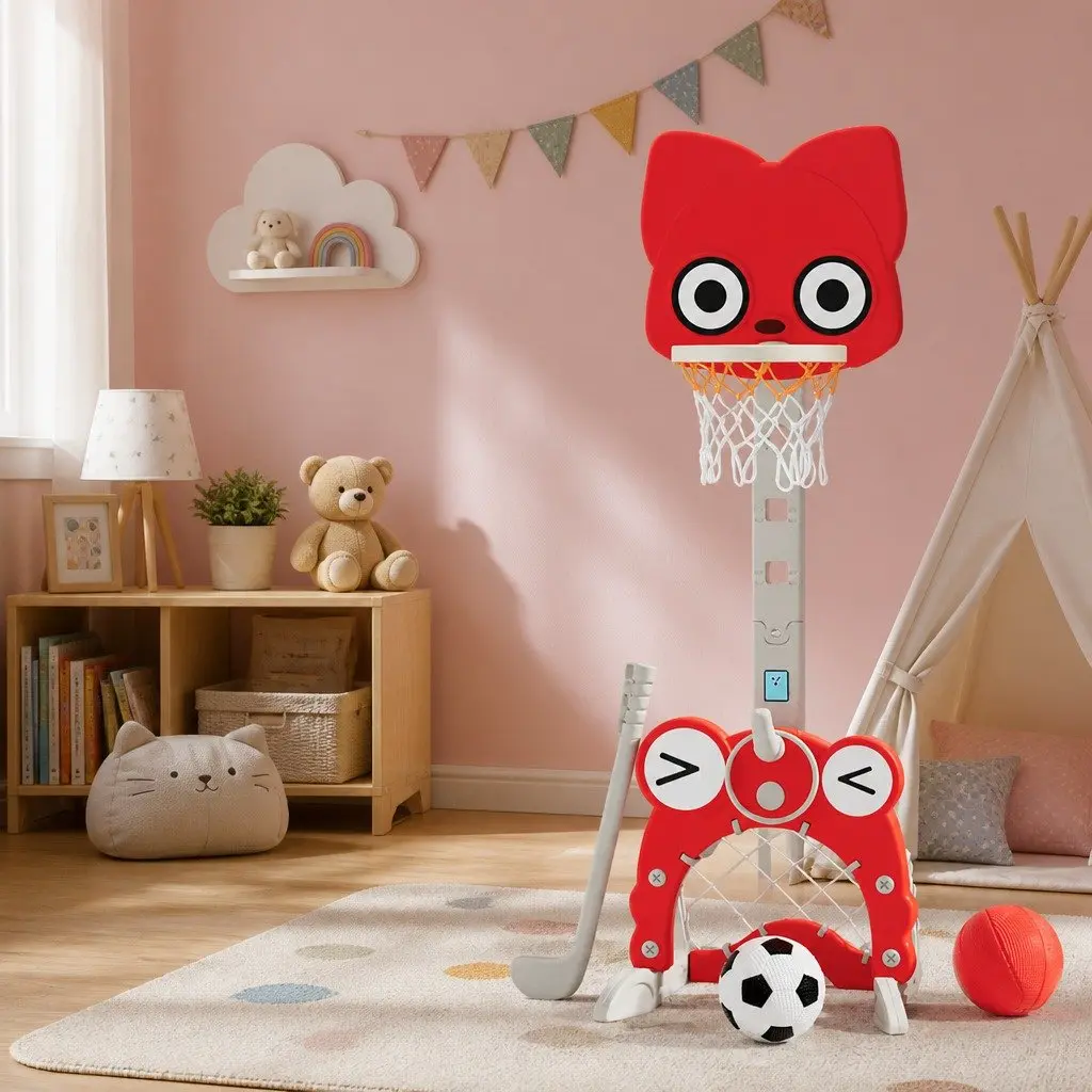 Kids Basketball Hoop Stand PP Adjustable Height 54 x 52 x 117–147 cm Red