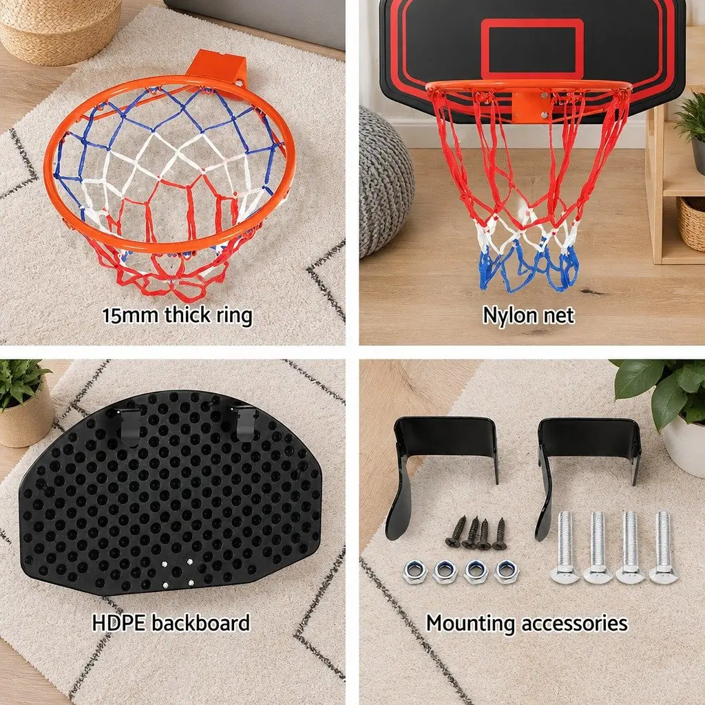 Basketball Hoop HDPE Backboard 38" Wall Mounted Steel Ring Black