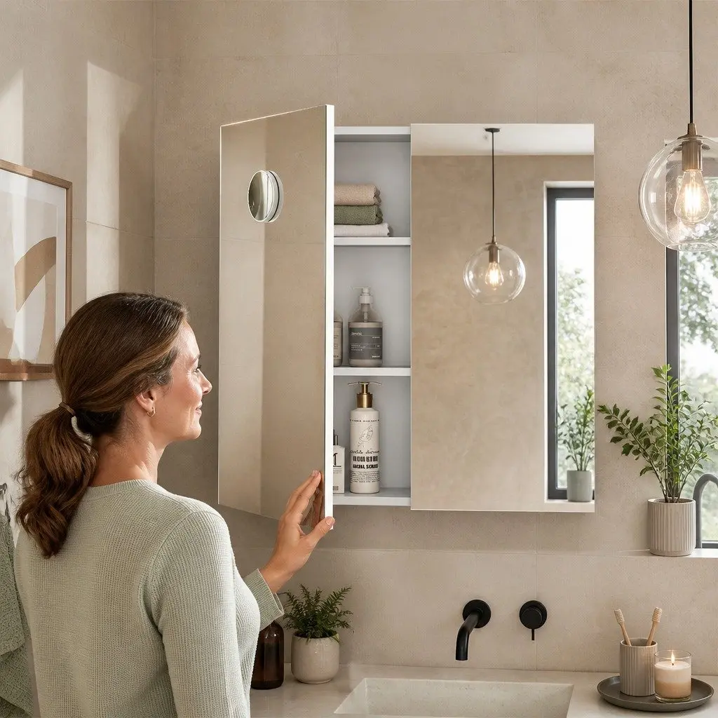 Bathroom Mirror Cabinet MDF 75CM White Wall-Mounted with 5X Magnifying Mirror and Adjustable Shelves