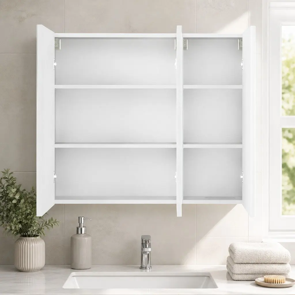 Bathroom Mirror Cabinet MDF Glass 90CM White Wall-Mounted