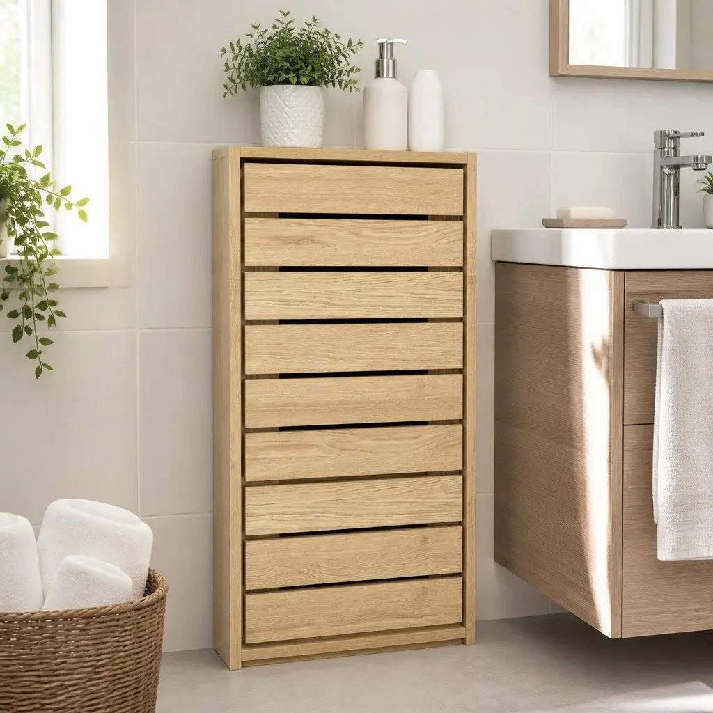 Bathroom Storage Cabinet Wood Oak Compact Floor Shelf Unit