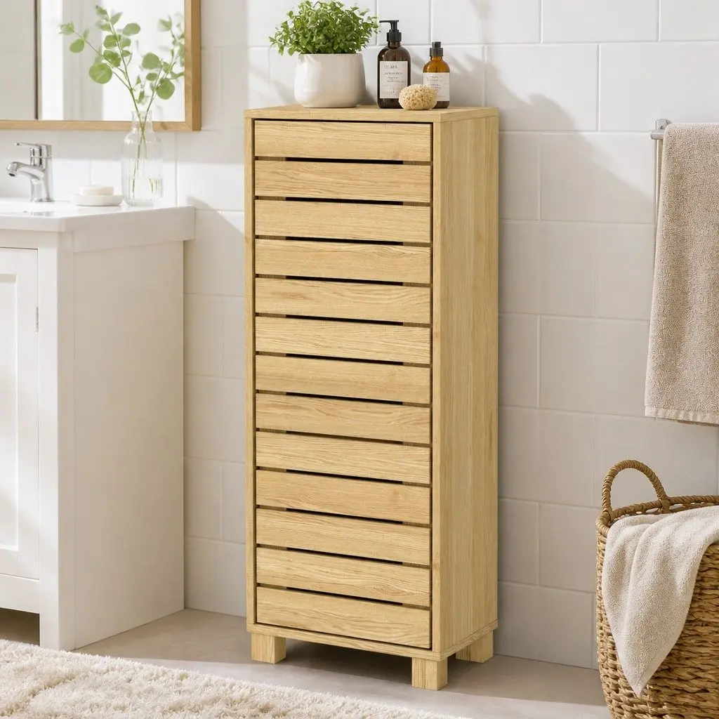 Bathroom Storage Cabinet Wood Oak Compact Floor Shelf Unit