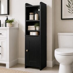 Slim Corner Storage Cabinet with Toilet Paper Holder - Black