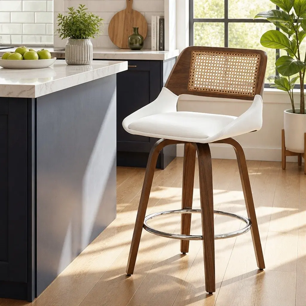 Bar Stools Swivel Plywood PU Leather 60cm Seat Height White Rattan