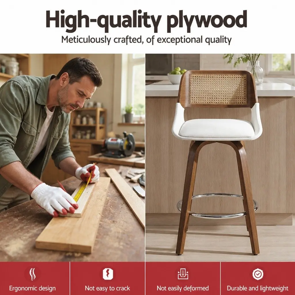 Bar Stools Swivel Plywood PU Leather 60cm Seat Height White Rattan