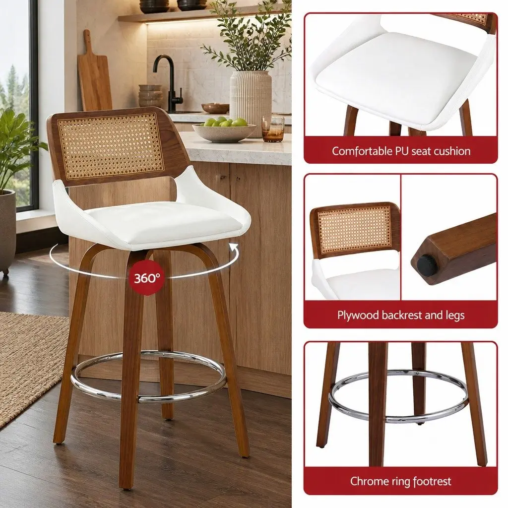 Bar Stools Swivel Plywood PU Leather 60cm Seat Height White Rattan