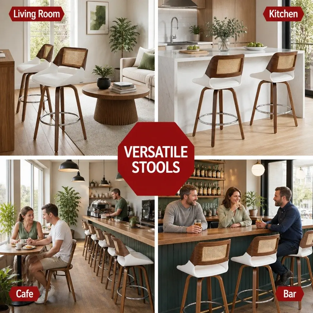 Bar Stools Swivel Plywood PU Leather 60cm Seat Height White Rattan