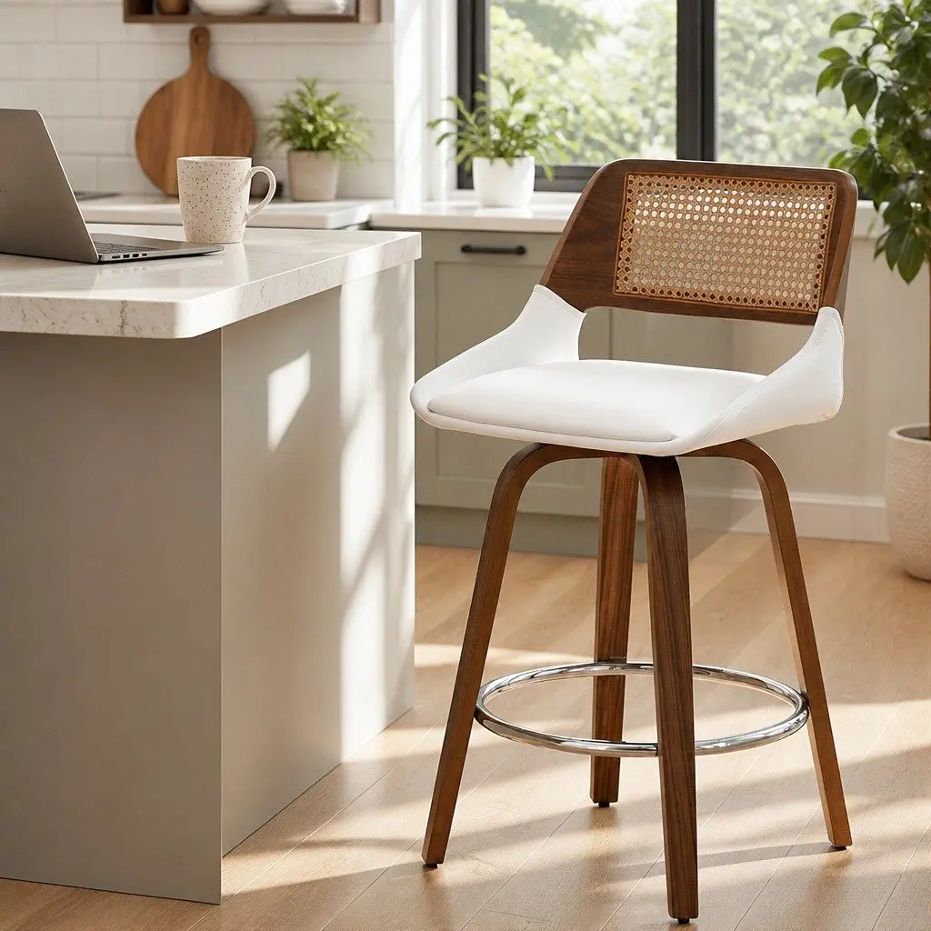 Bar Stools Swivel Plywood PU Leather 60cm Seat Height White Rattan