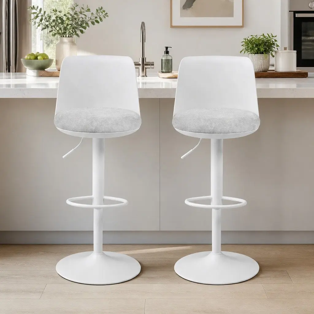 Bar Stools Metal Faux Linen Fabric Adjustable Height Curved White
