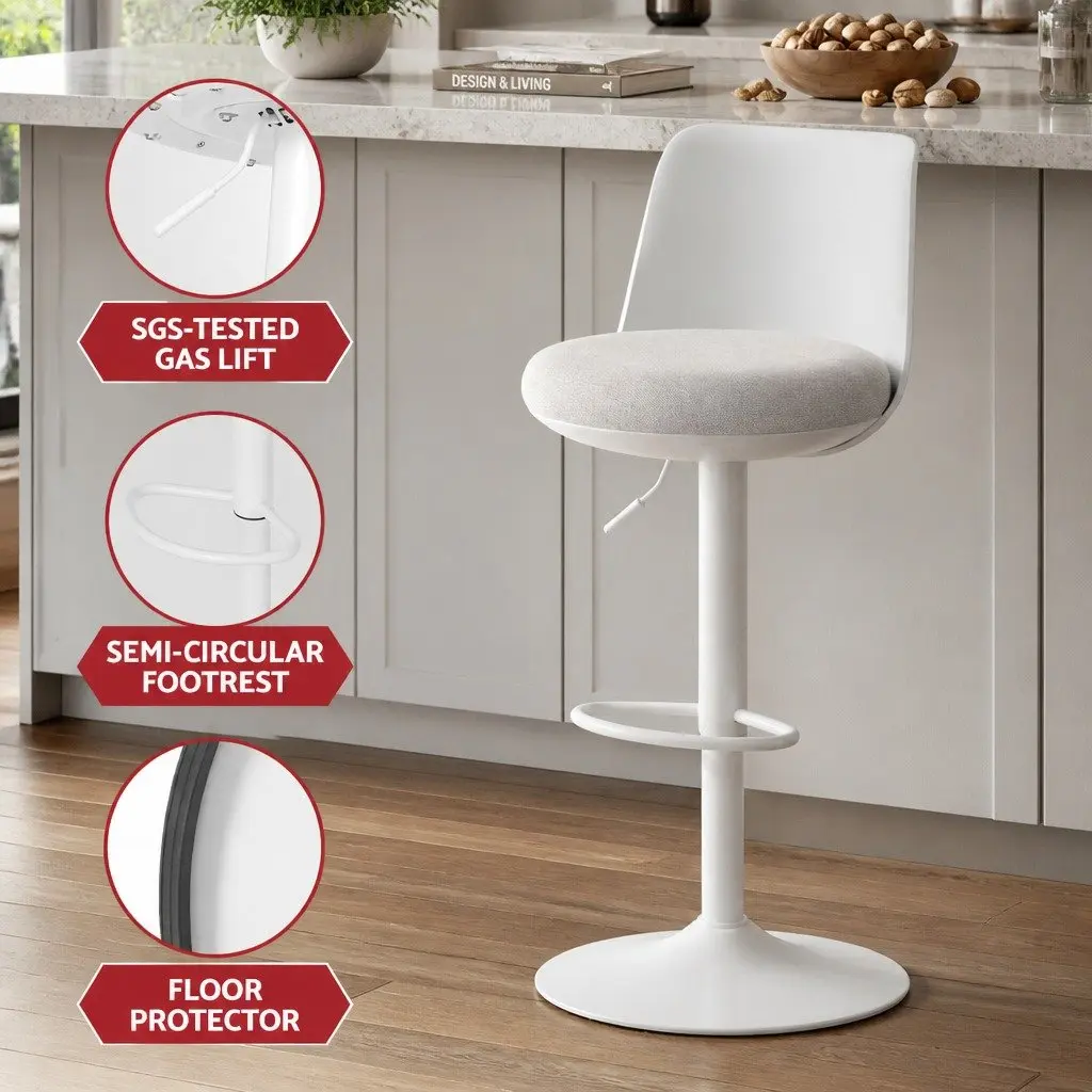 Bar Stools Metal Faux Linen Fabric Adjustable Height Curved White