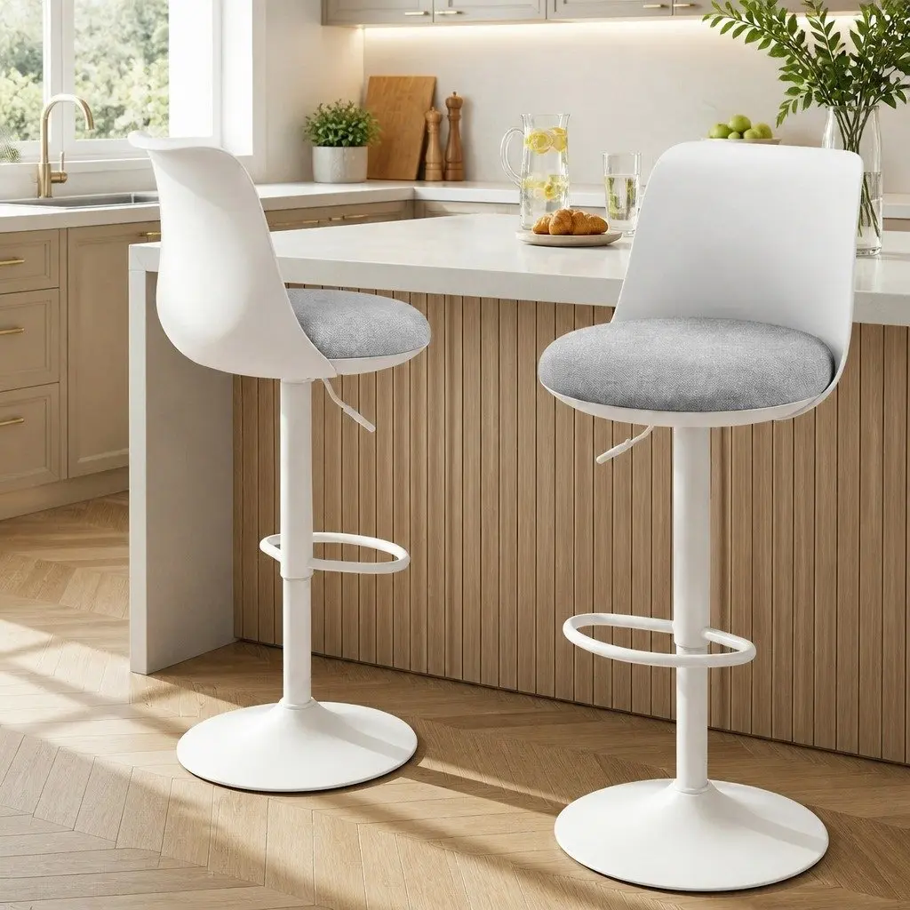 Bar Stools Metal Faux Linen Fabric Adjustable Height Curved White
