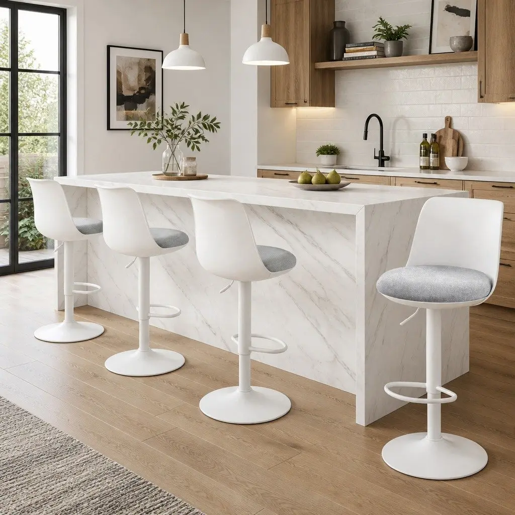 Bar Stools Faux Linen Metal Adjustable Height White 4 Piece