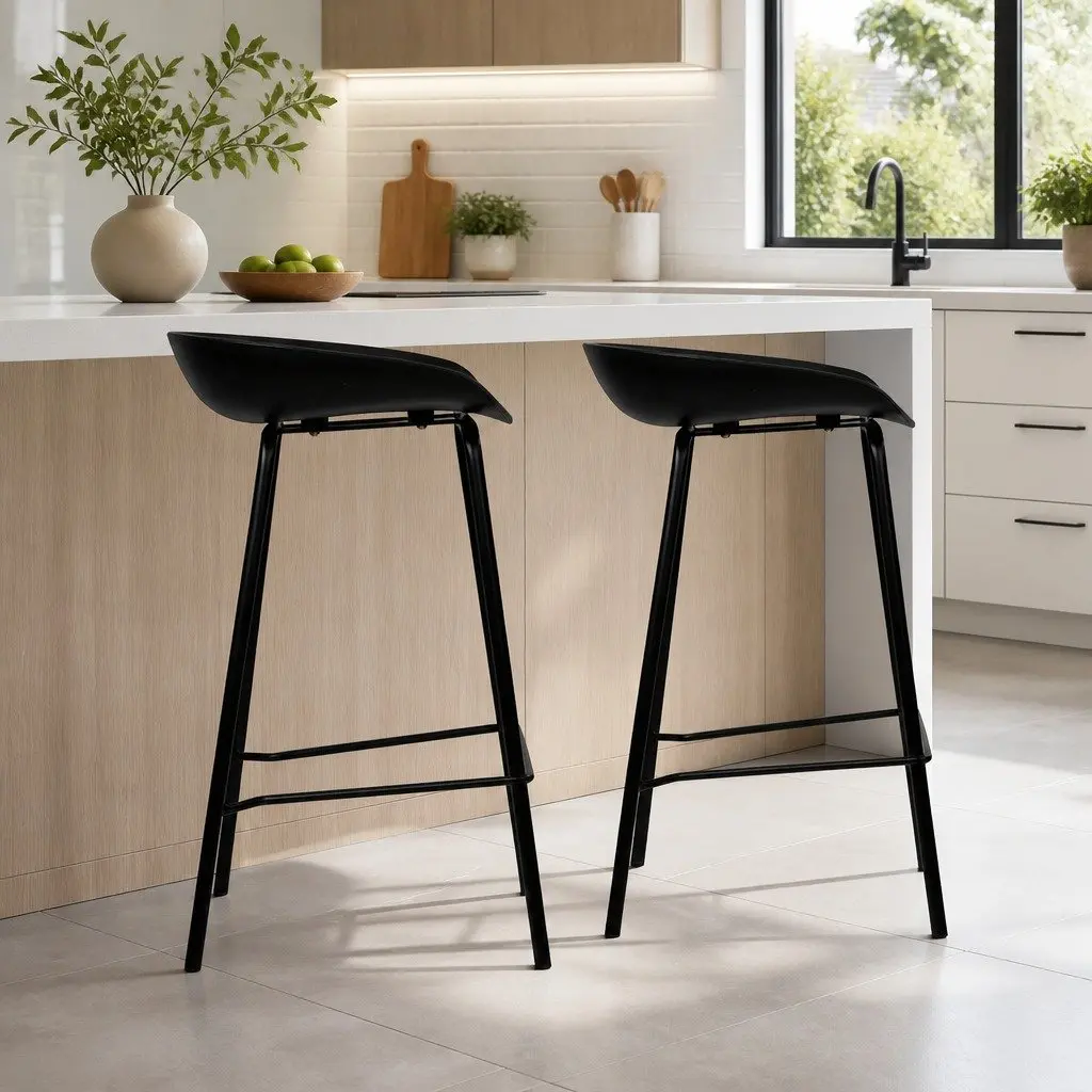 Set of 2 Black Metal Frame Bar Stools for Kitchen