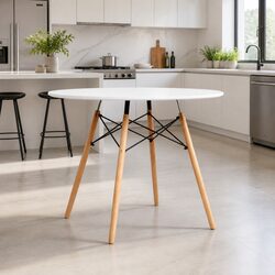 Round Dining Table 90cm 4 Seater White Beech Wood Legs Modern Kitchen Furniture