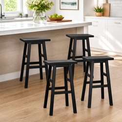 Set of 4 Black Wooden Bar Stools with Saddle Seats